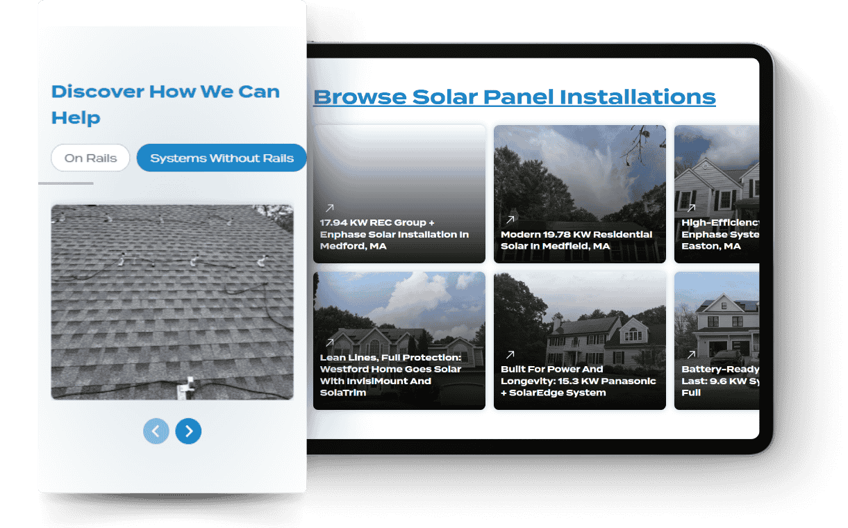 Tablet mockup showing Future Energy Solar services and a gallery of solar panel installations.