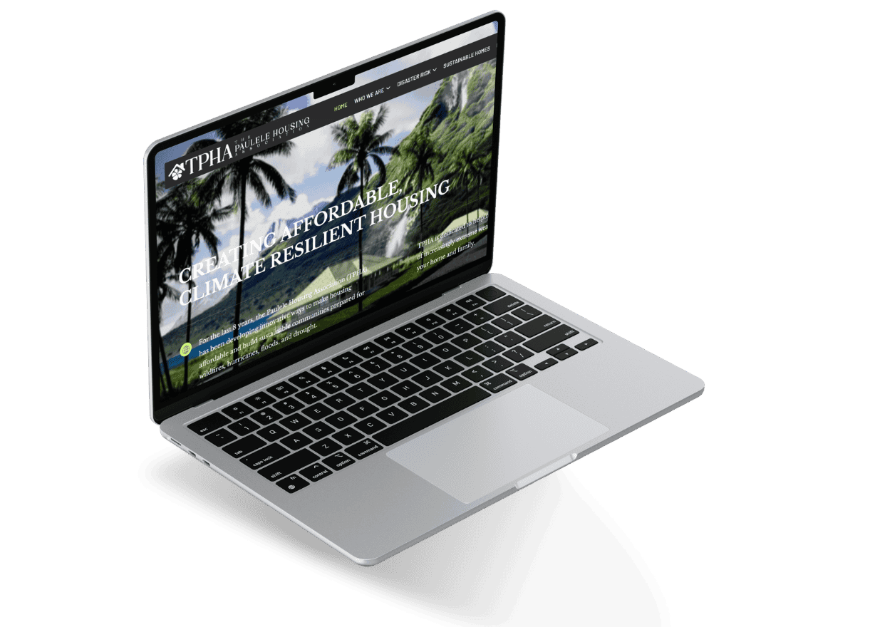 Laptop showing the Future Proof Housing homepage with a tropical hero image and bold headline.
