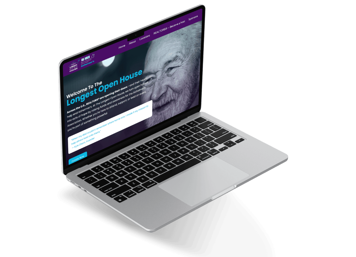 Laptop showing the Longest Open House webpage with a purple header and a hero portrait.