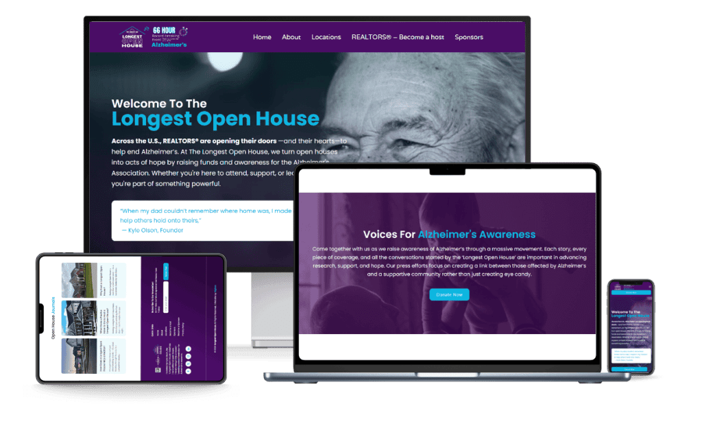 Longest Open House website shown across desktop, laptop, iPad, and phone.