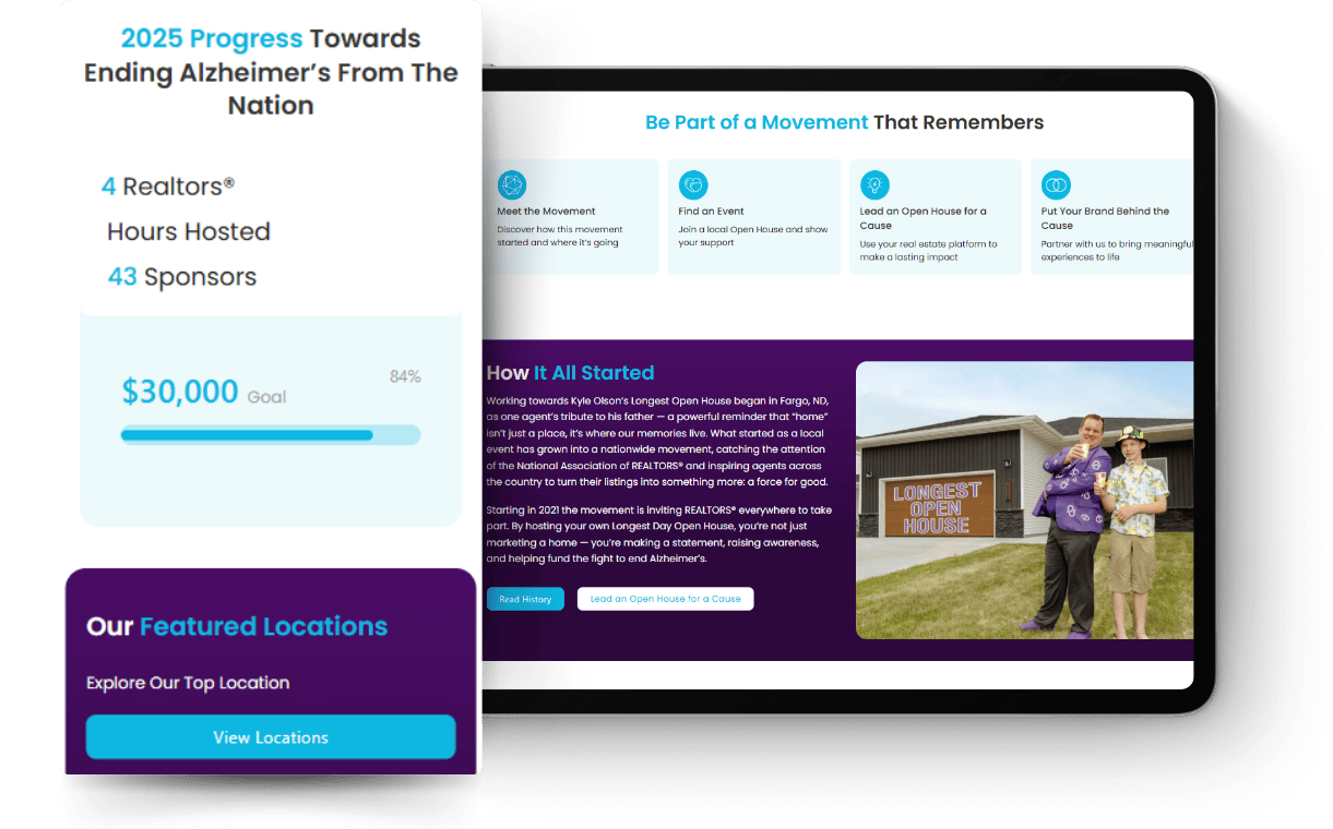 Tablet mockup showing story section of the Longest Open House and the campaign impact stats.