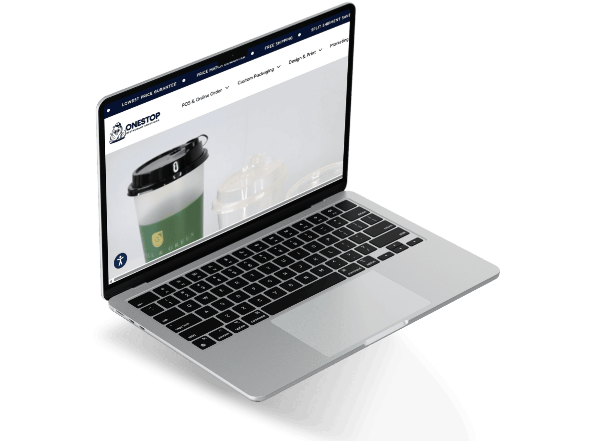 Laptop showing the OneStop packaging website with product images and a top navigation bar.