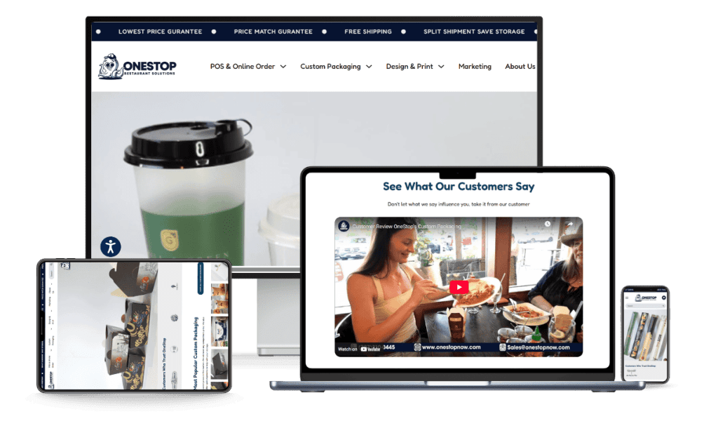 OneStop website shown across desktop, laptop, iPad, and phone.