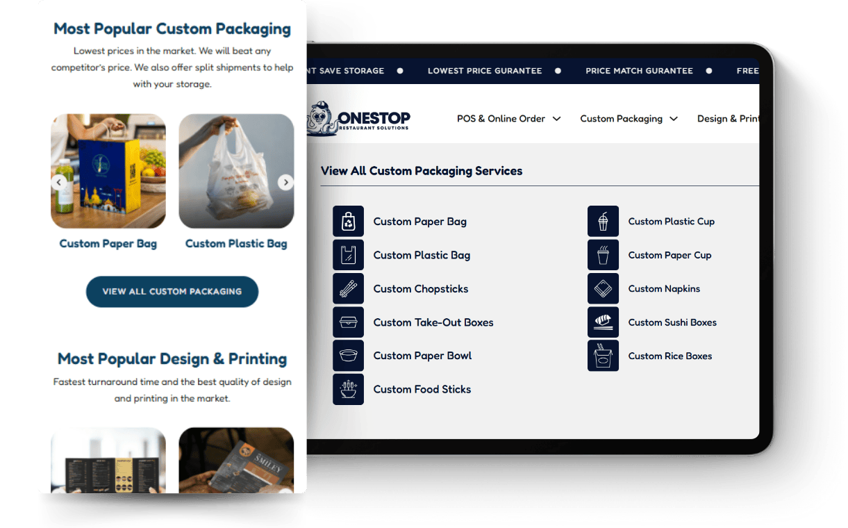 Tablet mockup showing OneStop custom packaging categories and a list of packaging services.
