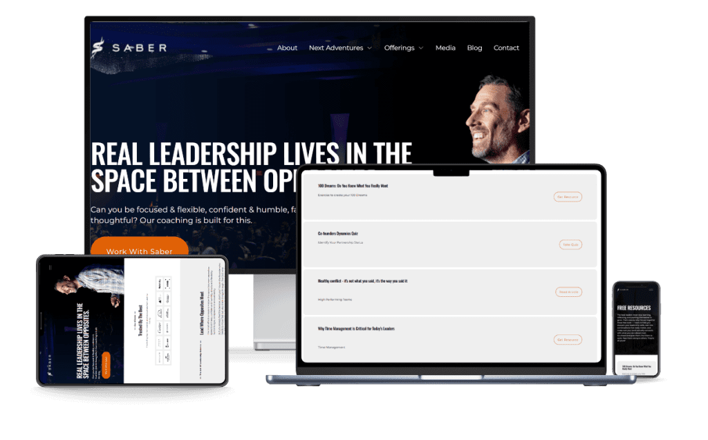 Saber Coaching website shown across desktop, laptop, iPad, and mobile.
