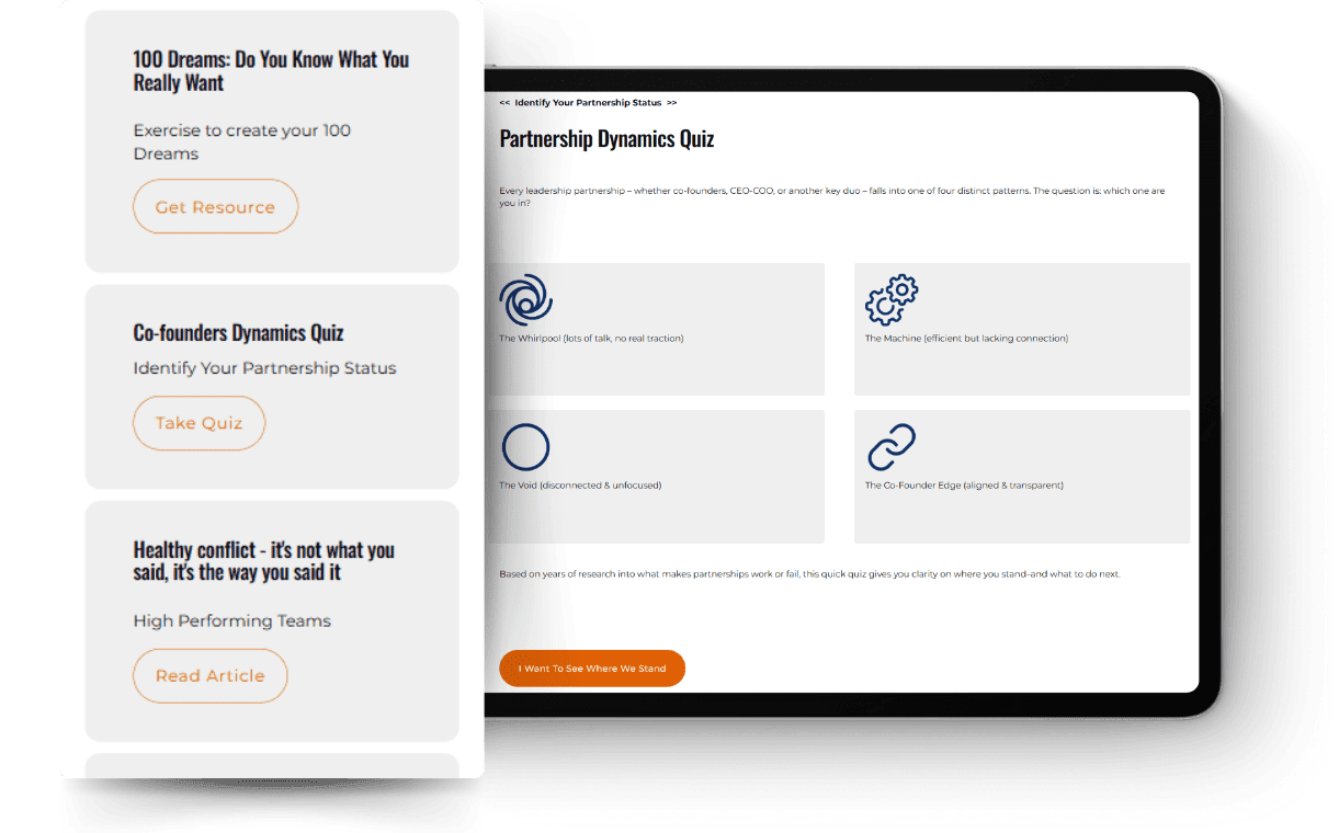 Tablet mockup showing Saber Coaching partnership dynamics quiz interface and free resources.