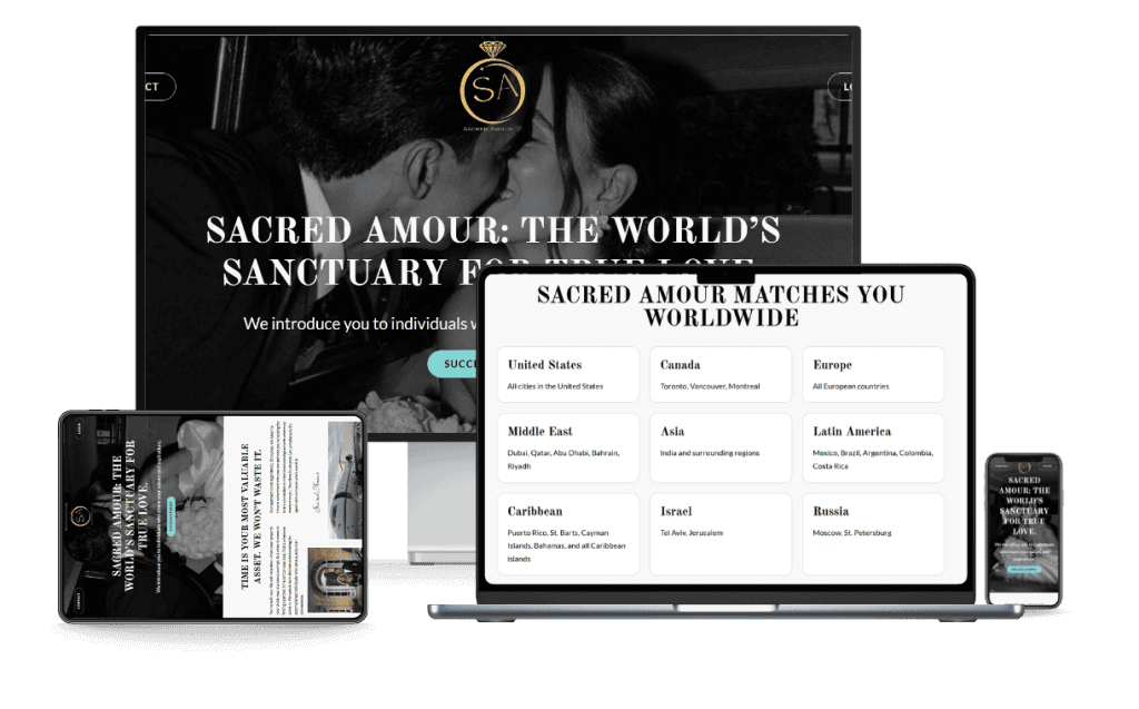Sacred Amour site shown across desktop, laptop, iPad, and phone.