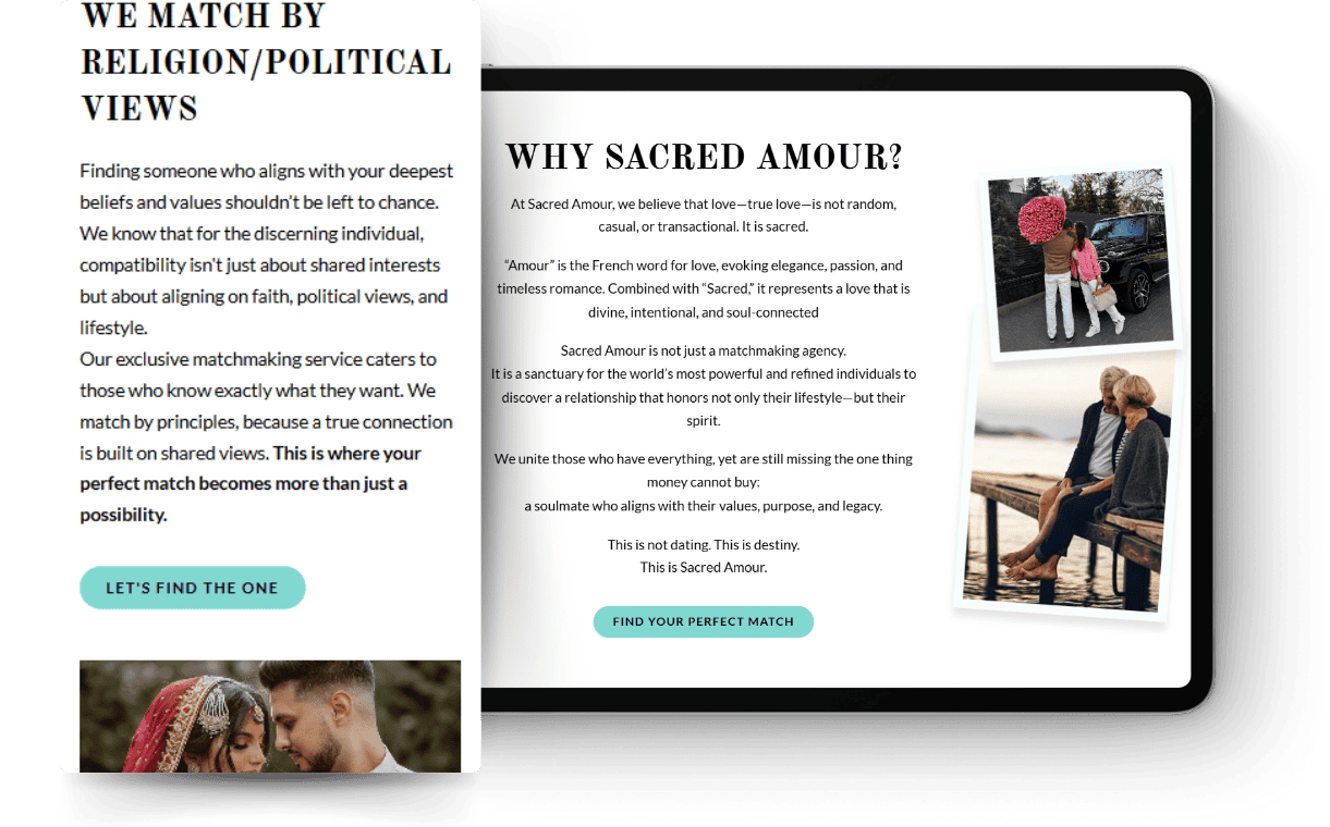 Tablet mockup showing Sacred Amour matching criteria and the “Why Sacred Amour?” section.