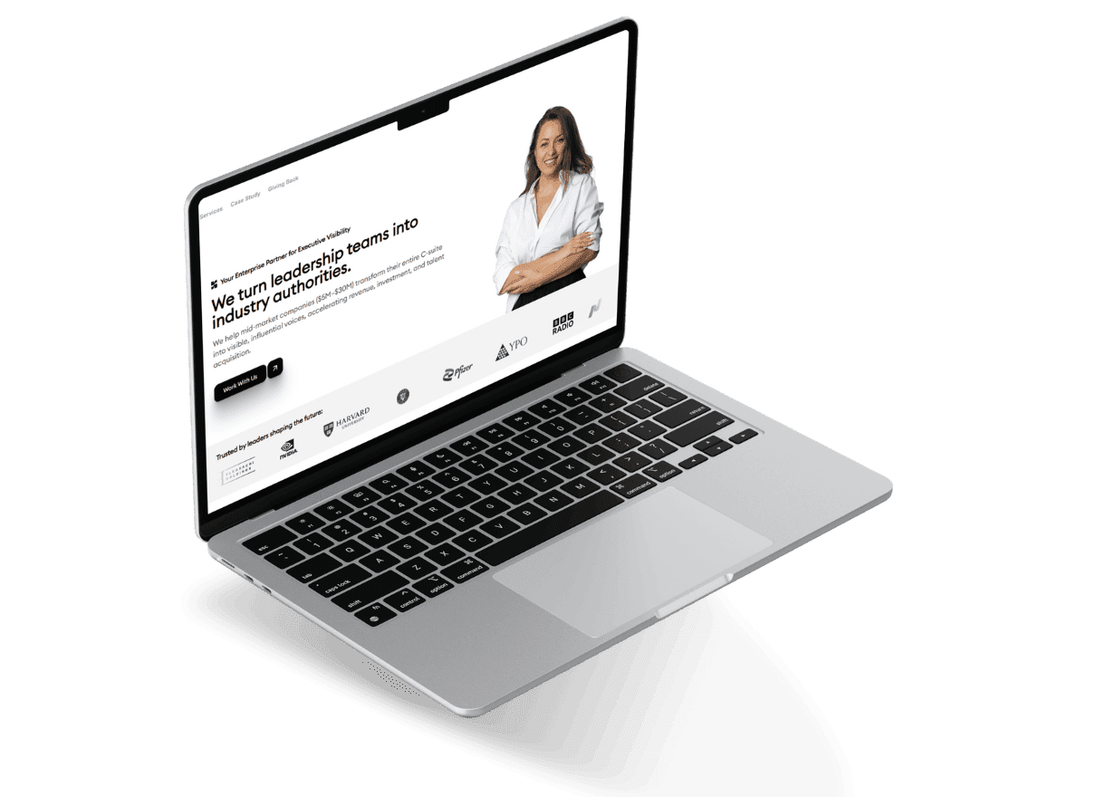 Laptop showing the Stellr homepage with a leadership headline and a founder portrait.