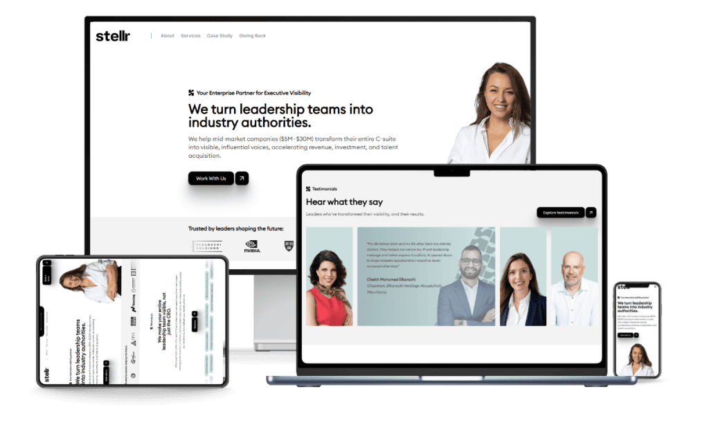 Stellr (new) website shown on desktop, laptop, iPad, and phone mockups.