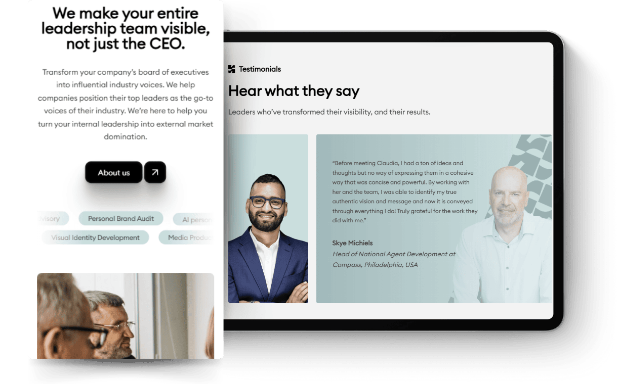 Tablet mockup showing Stellr’s testimonial section and leadership-team messaging.