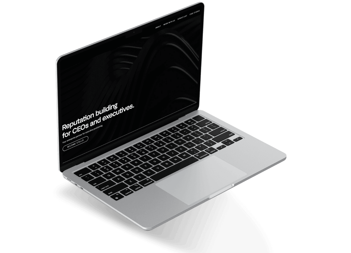 Angled laptop mockup displaying Stellr’s dark hero section and executive reputation headline.