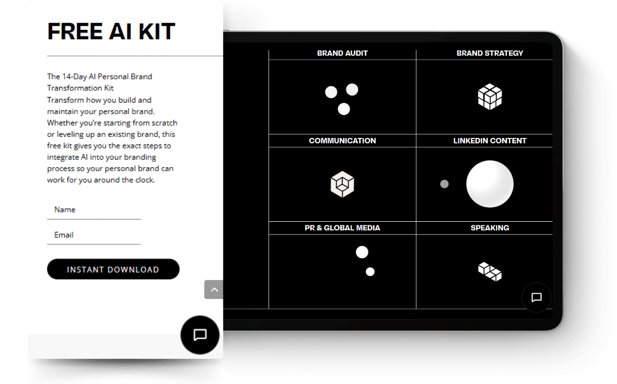Tablet mockup showing Stellr’s personal brand services grid and free AI kit signup.