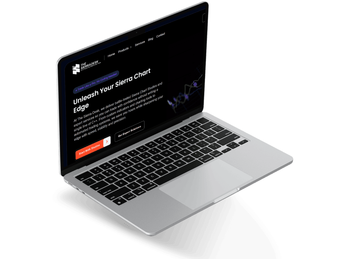 Laptop showing The Sierra Desk homepage with the headline “Unleash Your Sierra Chart Edge.”